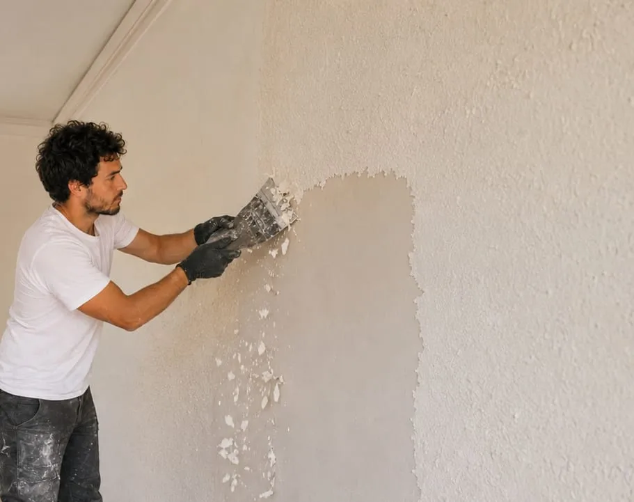 Pared alisada tras quitar el gotelé en Madrid